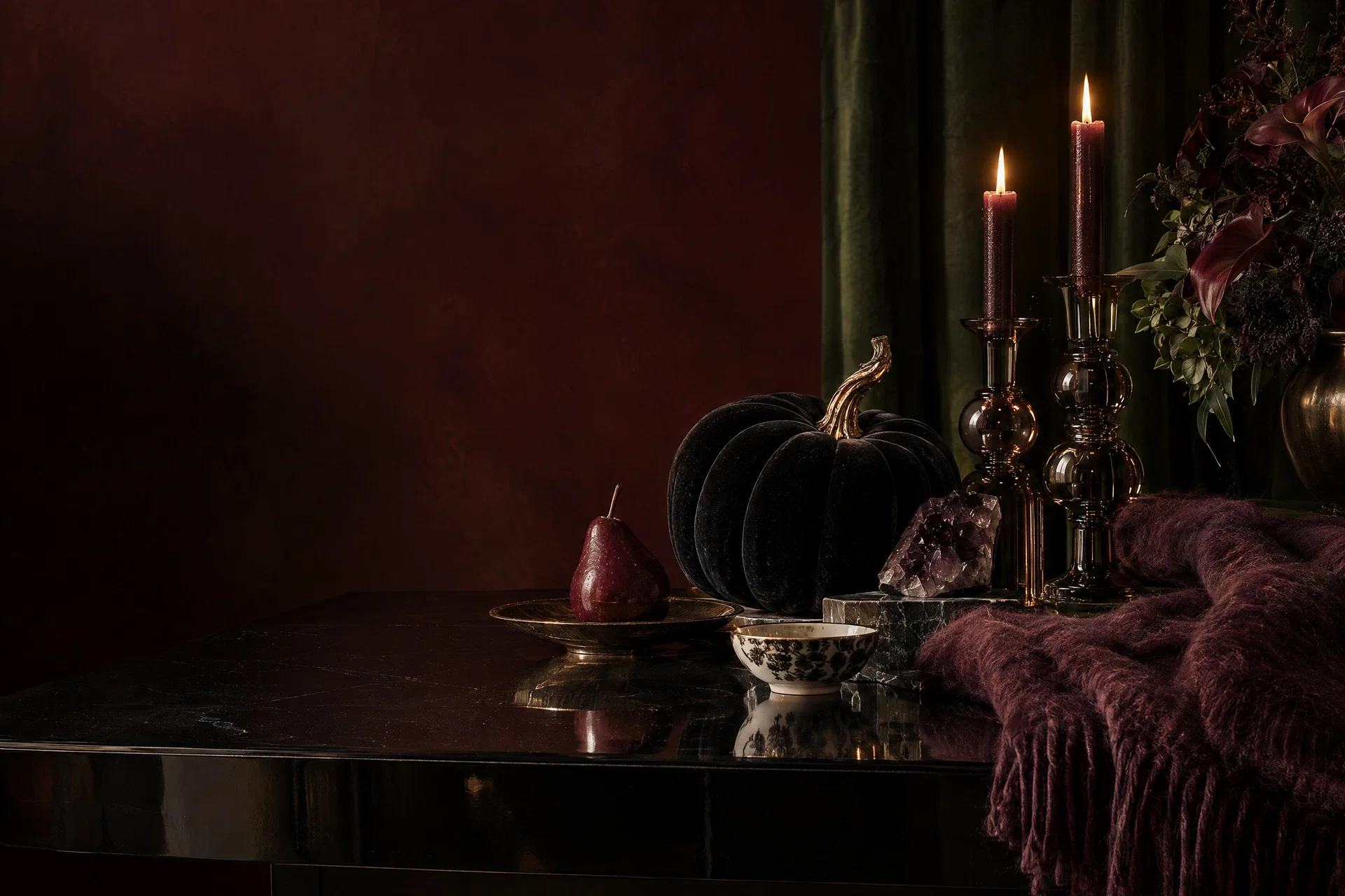 A candlelit Halloween still life, styled for mood
